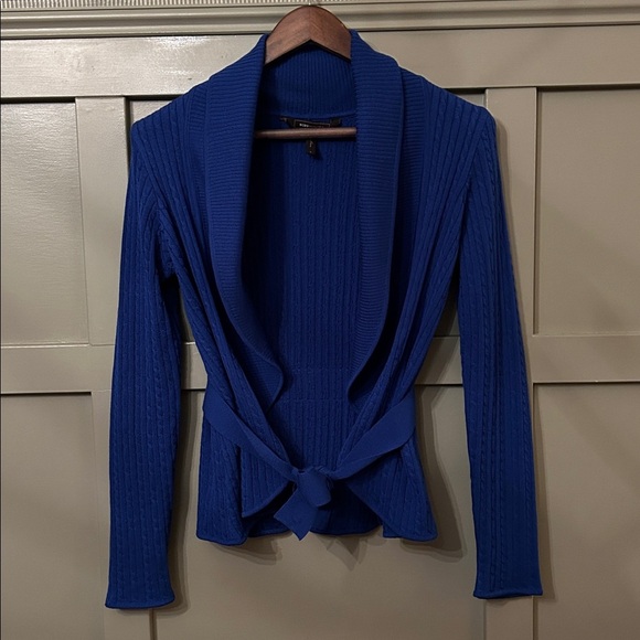 BCBGMaxAzria Sweaters - BCBGMaxAzria Cable Knit Cardigan Sweater Shawl Collar Tie Waist Blue Size Small
